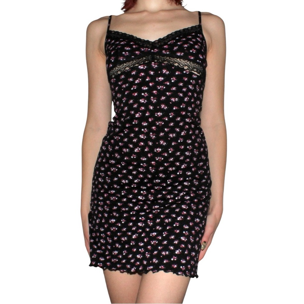 Pink and black floral slip dress with lace trim and lettuce hem